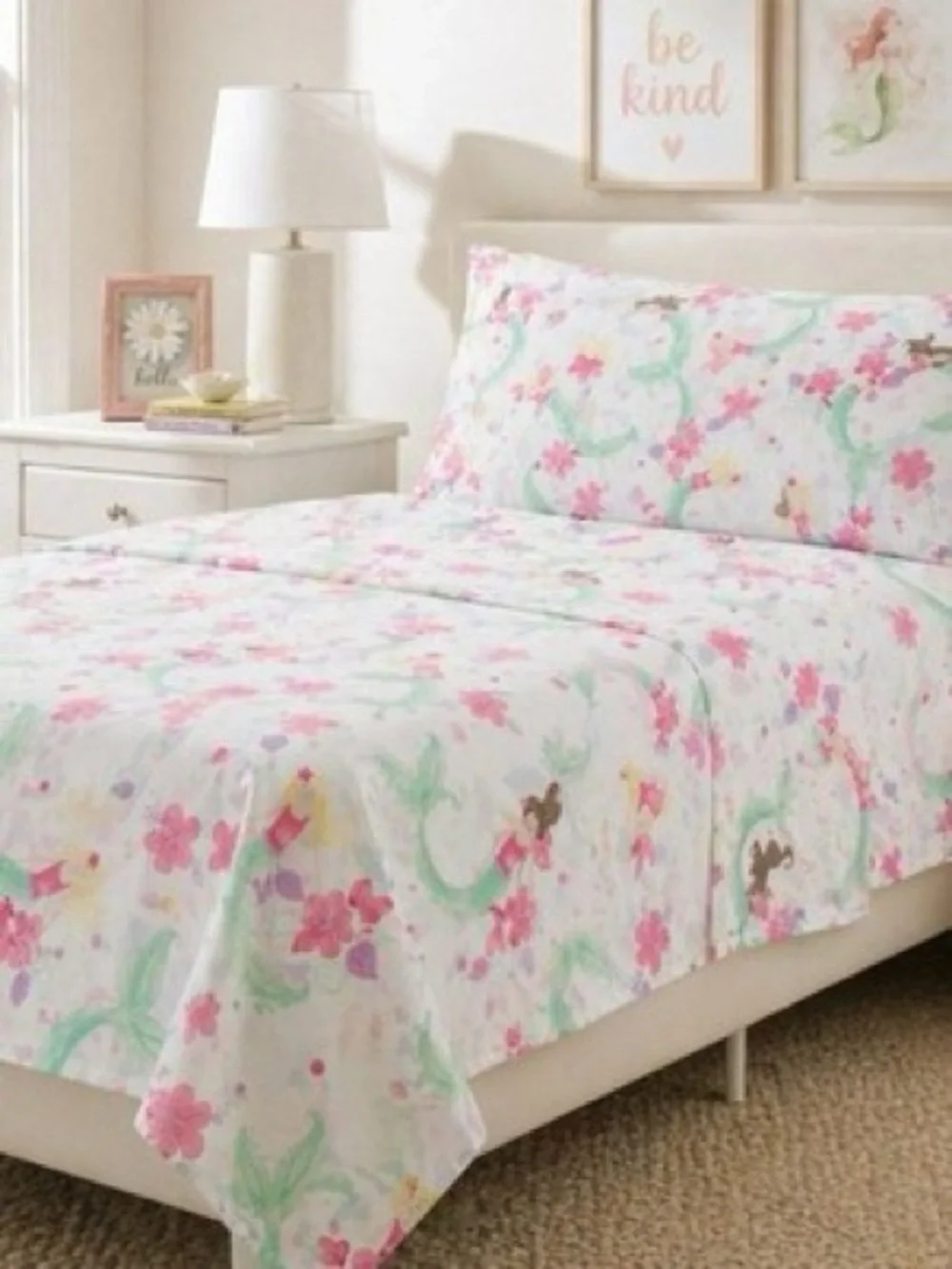 Pottery Barn Kids Mermaid Watercolor Twin Sheet Set - White, Pink, Green